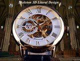 Forsining Wit Golden Case 3d Letterlijke Ontwerp Skelet Horloge Mannen Horloges Topmerk Luxe Lederen Mechanische Horloge Orologio Uomo