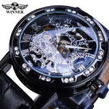 Winnaar Black Golden Retro Lichtgevende Handen Mode Diamant Display Mens Mechanisch Skeleton Horloges Topmerk Luxe Klok