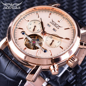 Jaragar Rose Golden Tourbillion Echt Riem Mens Business Horloge Creative Horloge Topmerk Luxe Mechanische Automatische Klok