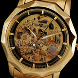 Winnaar Royal Carving Twaalfhoek Ontwerp Gouden Horloge Mannen Roestvrij Staal Black Skeleton Mens Luxe Horloge Top Merk Automatische Horloge