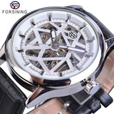 Forsining Mens Black Skeleton Mechanische Horloges Lederen Band Holle Lichtgevende Hand Winding Horloge Mannelijke Uur Relogio Klok