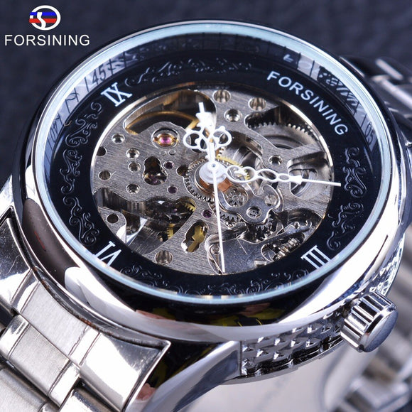 Forsining Zilver Rvs Bloem Handen Ontwerp Unieke Obscure Case Mens Automatische Skeleton Horloges Topmerk Luxe