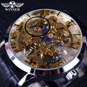 Winnaar Transparant Blauw Handen Skeleton Golden Dial Horloge Heren Horloges Topmerk Luxe Mode Mannen Toevallige Mechanische Horloge