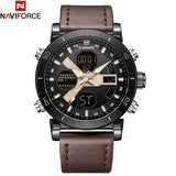 NAVIFORCE Mannen Dual Display Quartz Horloge mannen Goud Lederen Militaire Sport Klok Mannelijke LED Analoge Digitale Horloge Relogio Masculino