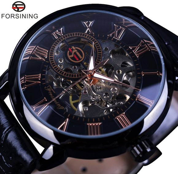 Forsining 2015 Zwarte Bezel Rode Romeinse Display Holle Graveren Horloge Mannen Topmerk Luxe Mechanische Horloge Klok Mannen Montre Homme