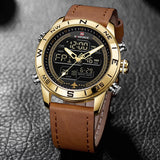 NAVIFORCE 9144 Mannen Mode Gold Sport Horloges Mens LED Digitale Quartz Horloge Militaire Lederen Analoge Klok Relogio Masculino