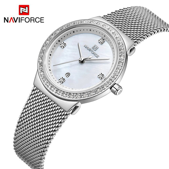 Luxe Diamant Dames Horloges Topmerk Nieuwe NAVIFORCE Mesh Staal Quartz Horloge Vrouwelijke Kalender Creatieve Ontwerp Reloj Mujer