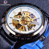 Forsining Blauw Lederen Militaire Automatische Sport Horloge Transparante Open Werk Skeleton Mannen Horloge Topmerk Luxe