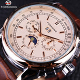 Forsining Maanfase Shanghai Beweging Rose Gold Case Bruin Lederen Band Heren Horloges Topmerk Luxe Auotmatic Horloge