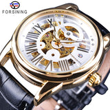 Forsining Officiële Exclusieve Verkoop Zwart Lederen Fashion Romeinse Nummer Ontwerp mannen Automatic Skeleton Horloges Golden Dial