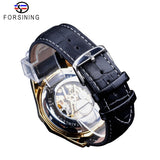 Forsining Golden Black Skeleton Klok Twee Knop Decoratie Mechanische Horloges voor Mannen Zwart Lederen Lichtgevende Handen