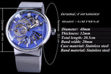 Forsining klassieke blauwe wijzerplaat display zilver rvs transparant case mens skeleton horloges topmerk luxe mechanische