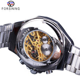 Forsining Opengewerkte Polshorloge Gouden Racing Sport Waterdichte Horloges heren Mechanische Hand Wind Horloge Zilver Rvs