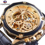 Forsining Transparante Luxe Gear Steampunk Bruin Lederen Riem Gouden Beweging Binnenkant Self Winding Automatische Polshorloge