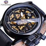 Forsining Mens Black Skeleton Mechanische Horloges Lederen Band Holle Lichtgevende Hand Winding Horloge Mannelijke Uur Relogio Klok