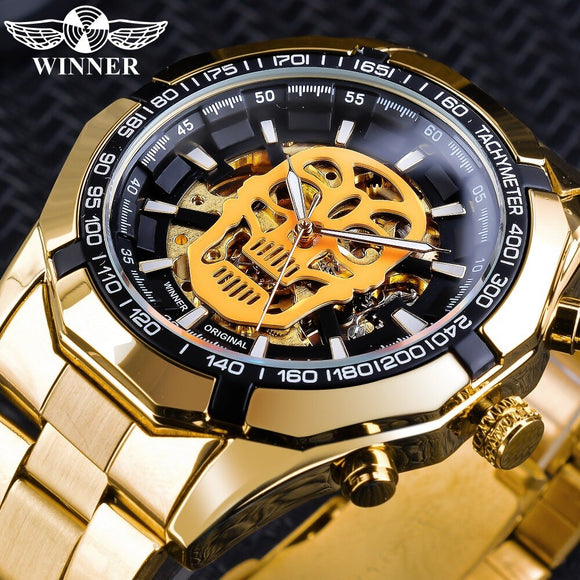 Winnaar Steampunk Mannen 3D Lichtgevende Schedel Ontwerp Gouden Staal Mens Waterdicht Automatic Skeleton Horloge Topmerk Luxe Klok