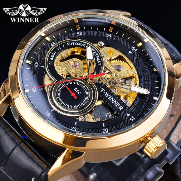 Winnaar 2019 Relogio Masculino Horloge Heren Automatische Mode Sport Golden Case Zwart Lederen Band Mechanische Zakelijk Reloj Hombre