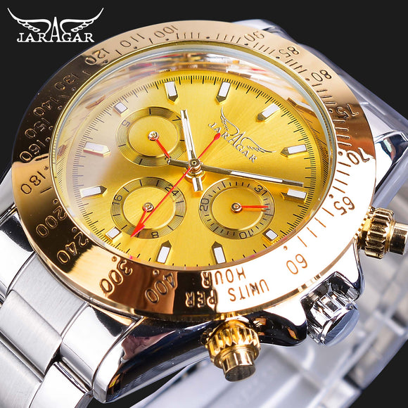 Jaragar Golden Automatische Mannen Polshorloge 3 Sub Dial Ontwerp Kalender Grote Horloges Stalen Band Mechanische Luxe Klok Gift