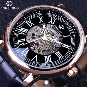 Forsining retro klassieke serie romeinse skeleton display zwarte wijzerplaat skeleton rose golden case mens automatische horloge topmerk luxe