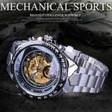 Forsining Opengewerkte Polshorloge Gouden Racing Sport Waterdichte Horloges heren Mechanische Hand Wind Horloge Zilver Rvs