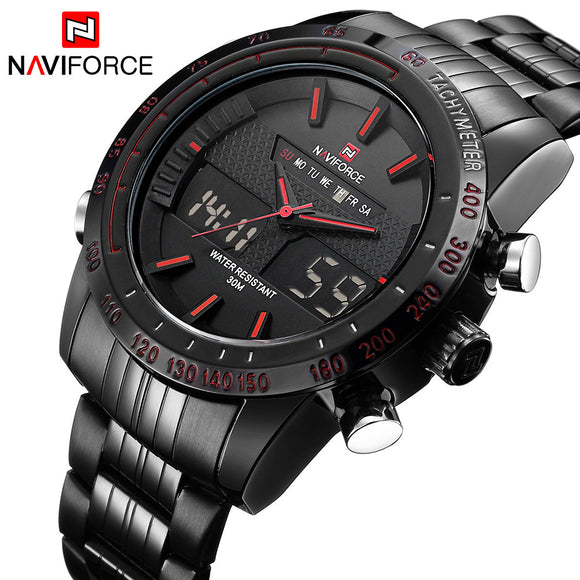 NAVIFORCE Luxe Merk Mannen Waterdichte Volledige Steel Horloges mannen Quartz Analoge LED Klok Mannelijke Sport Polshorloge Relogio Masculino