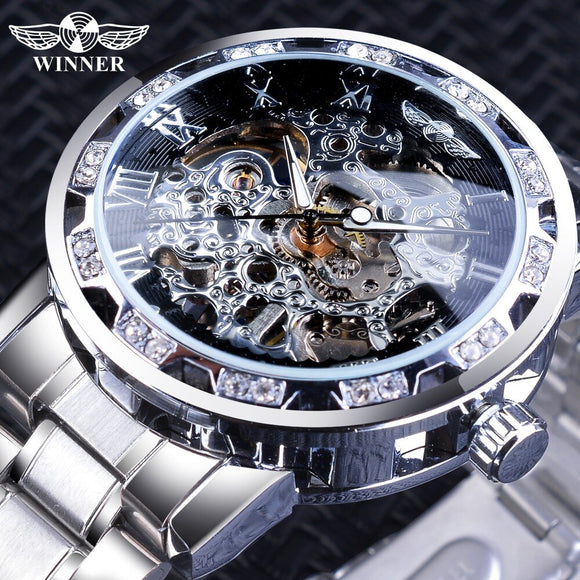 Winnaar Luxe Diamant Ontwerp Black Skeleton Klok Zilver Rvs Heren Mechanische Horloges Top Merk Relogio Masculino