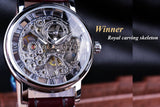 Winnaar Royal Carving Skeleton Bruin Lederen Band Silver Case Transparante Case Mannen Horloge Topmerk Luxe Mechanische Horloge Klok