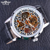 Wiinner Chinese Stijl Golden Skelet Binnen Silver Case Zwarte Lederen Band Luxe Merk Horloges Mannen Automatische Mechanische Horloge