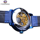 Forsining Transparant Blauw Mannen Mechanisch Horloge Ultra Dunne Analoge Hand Wind Lederen Band Sport Toevallige Mannelijke Reloj Hombre