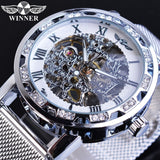 Winnaar Gouden Horloges Mannen Skelet Mechanische Horloge Crystal Mesh Slim Rvs Band Top Merk Luxe Hand Wind Horloge