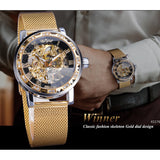 Winnaar Gouden Horloges Mannen Skelet Mechanische Horloge Crystal Mesh Slim Rvs Band Top Merk Luxe Hand Wind Horloge