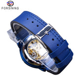 Forsining Transparant Blauw Mannen Mechanisch Horloge Ultra Dunne Analoge Hand Wind Lederen Band Sport Toevallige Mannelijke Reloj Hombre