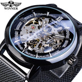 Winnaar Classic Mannen Mechanische Skeleton Black Golden Slanke Analoge Mesh Stalen Band Mens Casual Dress Horloge Klok Voor Man