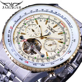 Jaragar Aviator Serie Zilver Rvs Toubillion Ontwerp Schaal Dial Heren Horloges Top Brand Luxe Automatische Horloge Klok