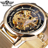 Winnaar Classic Mannen Mechanische Skeleton Black Golden Slanke Analoge Mesh Stalen Band Mens Casual Dress Horloge Klok Voor Man