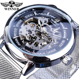 Winnaar Classic Mannen Mechanische Skeleton Black Golden Slanke Analoge Mesh Stalen Band Mens Casual Dress Horloge Klok Voor Man