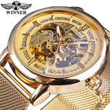 Winnaar Classic Mannen Mechanische Skeleton Black Golden Slanke Analoge Mesh Stalen Band Mens Casual Dress Horloge Klok Voor Man