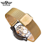 Winnaar Merk Golden Mannen Mechanische Horloge Hand Winding Skeleton Strass Mesh Stalen Band Band Mannelijke Horloge Relogio Dropship