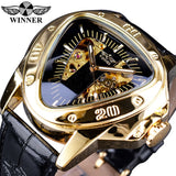 Winnaar Steampunk Mode Driehoek Golden Skeleton Beweging Mysterieuze Mannen Automatische Mechanische Horloges Topmerk Luxe