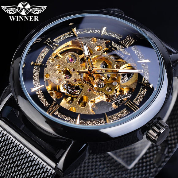 Winnaar Classic Mannen Mechanische Skeleton Black Golden Slanke Analoge Mesh Stalen Band Mens Casual Dress Horloge Klok Voor Man