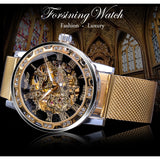 Winnaar Gouden Horloges Mannen Skelet Mechanische Horloge Crystal Mesh Slim Rvs Band Top Merk Luxe Hand Wind Horloge