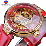 Forsining Fashion Vrouwen Diamond Skeleton Display Design Waterdichte Luxe Lady Automatische Horloges Lichtgevende Handen Echt Leer