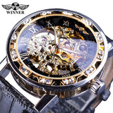 Winnaar Black Golden Retro Lichtgevende Handen Mode Diamant Display Mens Mechanisch Skeleton Horloges Topmerk Luxe Klok