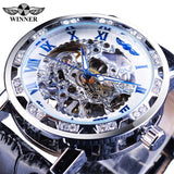 Winnaar Black Golden Retro Lichtgevende Handen Mode Diamant Display Mens Mechanisch Skeleton Horloges Topmerk Luxe Klok