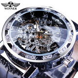 Winnaar Black Golden Retro Lichtgevende Handen Mode Diamant Display Mens Mechanisch Skeleton Horloges Topmerk Luxe Klok