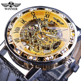 Winnaar Black Golden Retro Lichtgevende Handen Mode Diamant Display Mens Mechanisch Skeleton Horloges Topmerk Luxe Klok